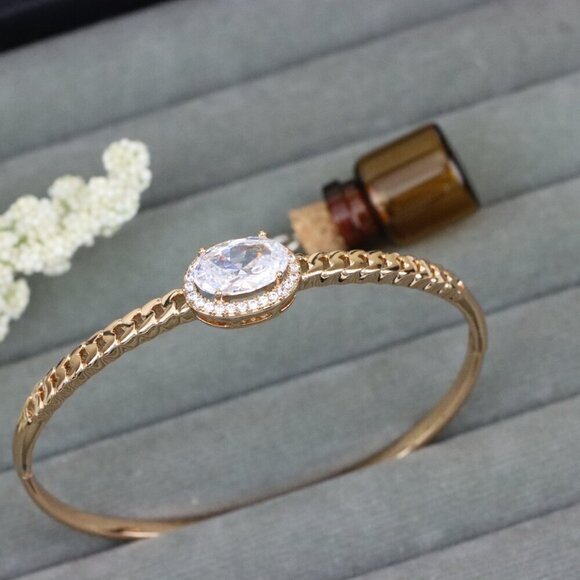 Oval Stone Rose Gold Bangle with Chain-Style Detailing, XPBL0443 - Picture 11 of 12